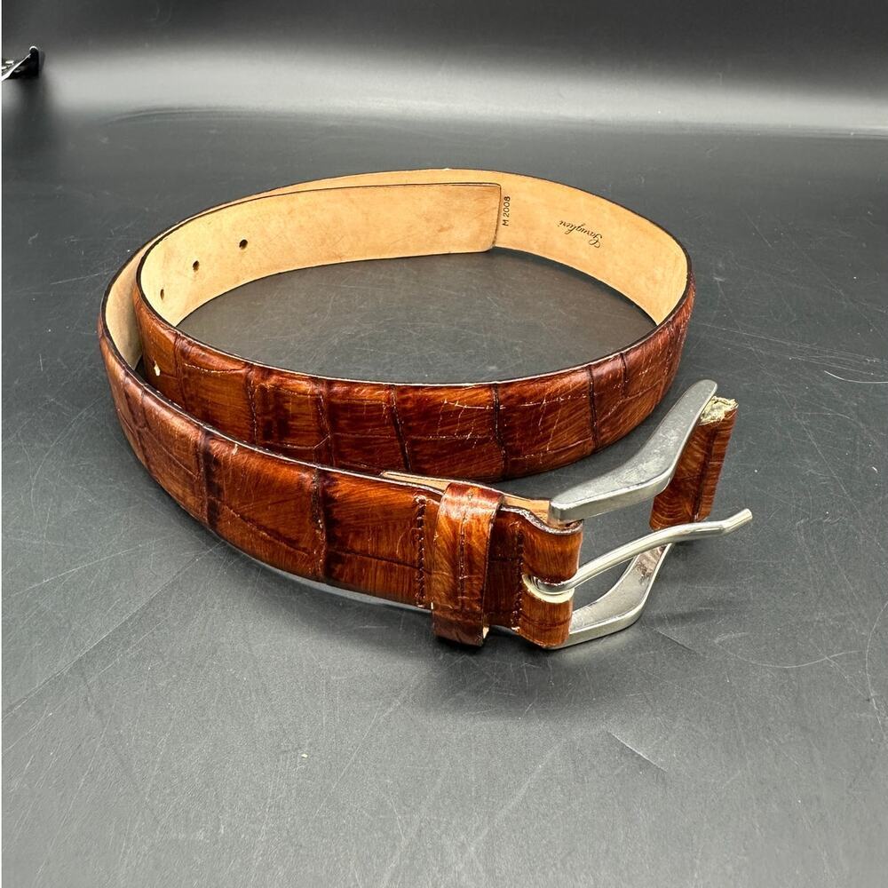 Garuglieri Made Italy Croc Pattern Leather Brown Belt 1 1/4" Wide SZ‎ Small